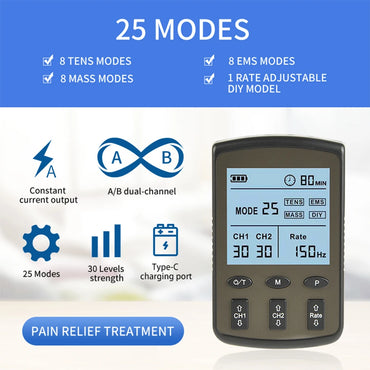 25-Mode TENS Pulse Physiotherapy Machine Full Body Back Massager 30-level Muscle Electrostimulator Relaxation Treatment Health