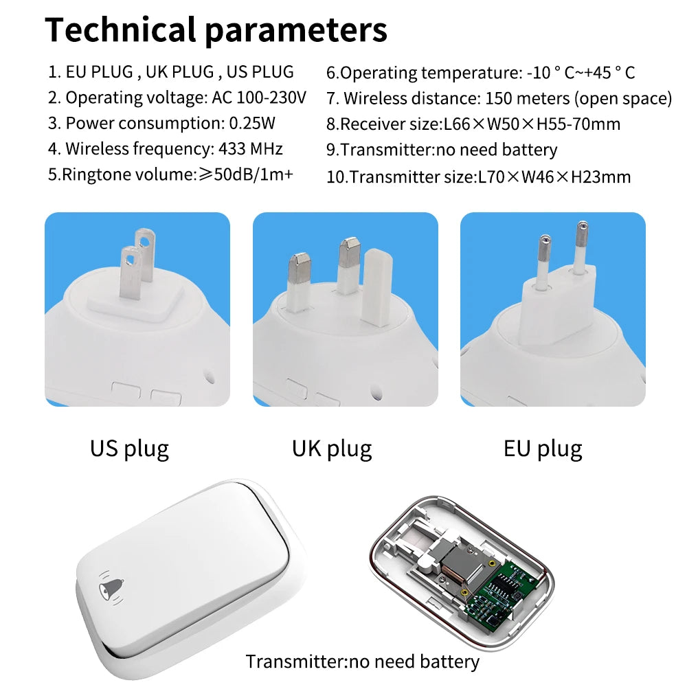 WENHIOT Intelligent Wireless Doorbell Battery Free EU UK UK Plug Waterproof Home Wireless Buzzer Welcome Doorbell