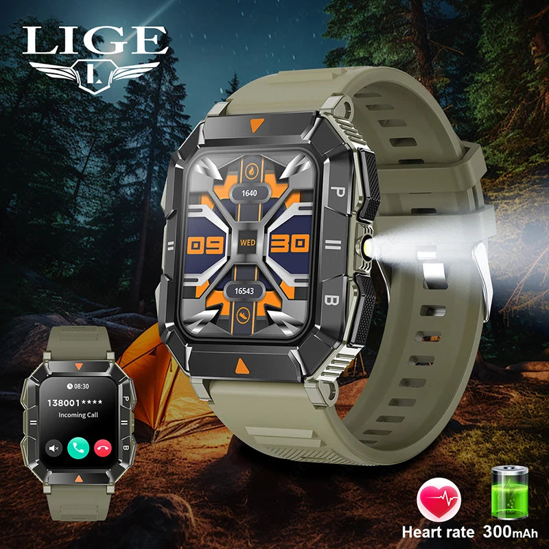 LIGE Rugged Military With LED Flashlight Smart Watch For Men Sports Fitness BT Call Heart Rate Health Monitor Outdoor SmartWatch