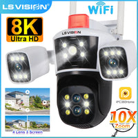 LS VISION 8K 10X Zoom WiFi IP Camera Outdoor Three screen 360° View PTZ Cam AI Tracking CCTV Video Surveillance Security Cameras