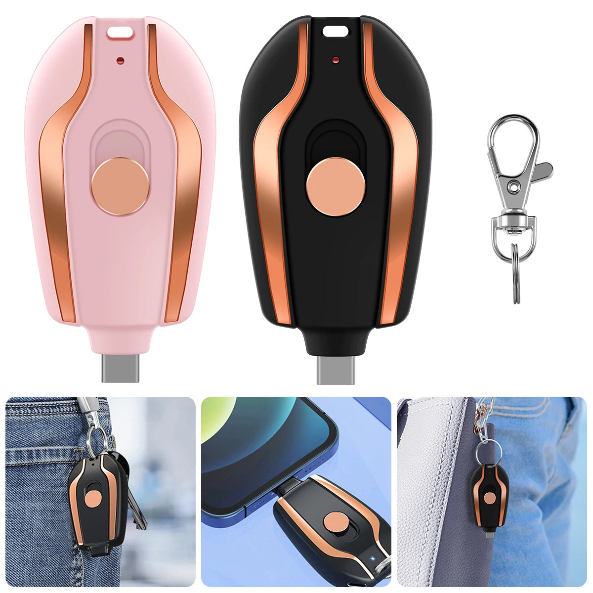 Keychain Portable Charger Compatible with Android 1500mAh Durable Key Chain Phone Charger Type-C Mini Power Emergency Charger