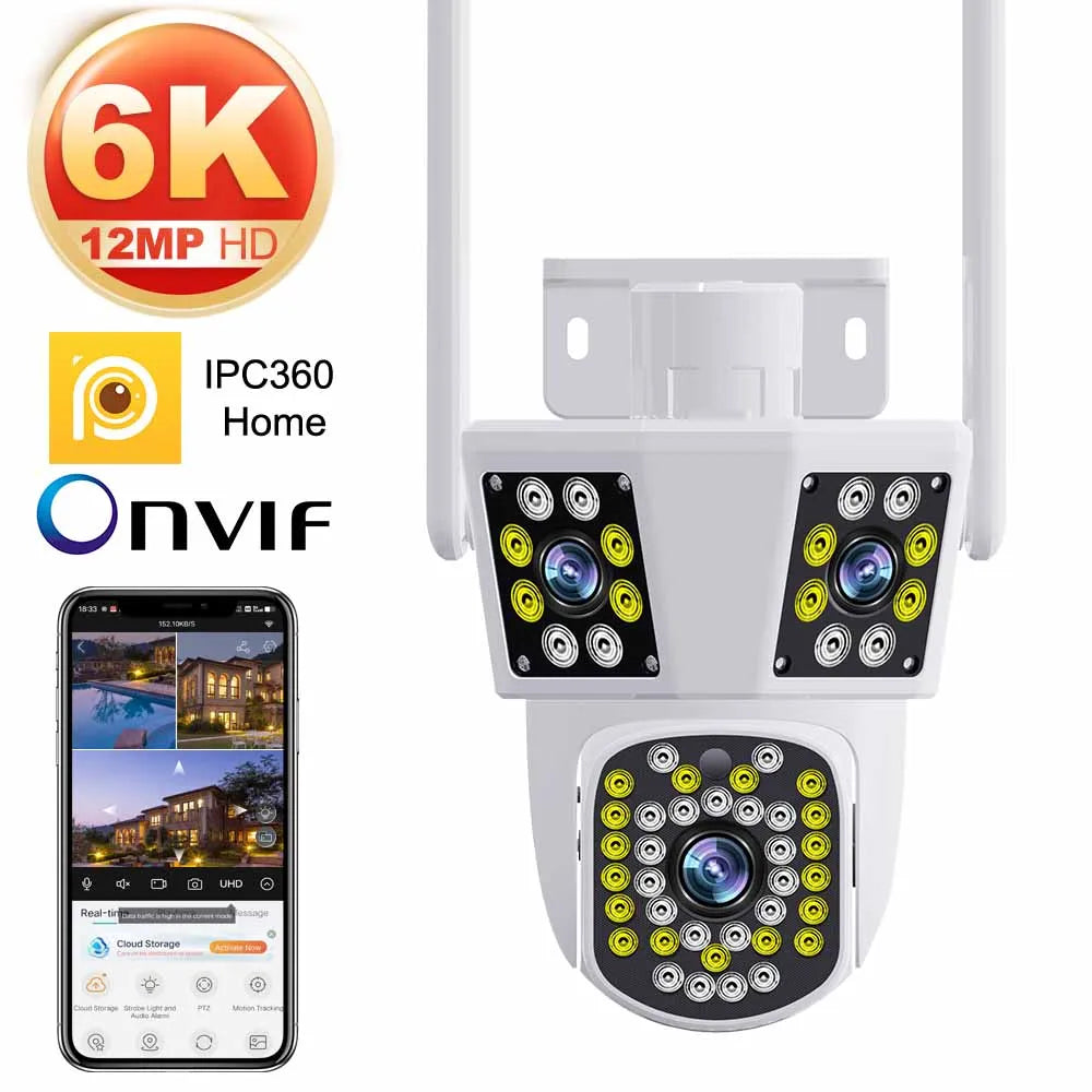 6K 12MP WiFi Outdoor Camera 8X Zoom Three Len Ai Motion Tracking PTZ 4K Video Camera Security Protection Waterproof Surveillance