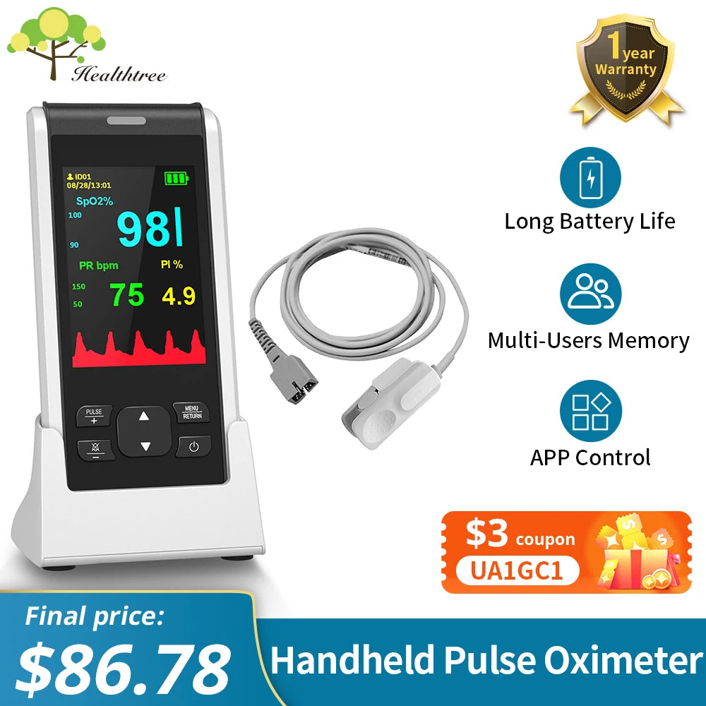 HealthTree Medical Handheld Pulse Oximeter Portable Rechargeable Bluetooth APP Control SpO2 Monitor for Adult Children Newborns