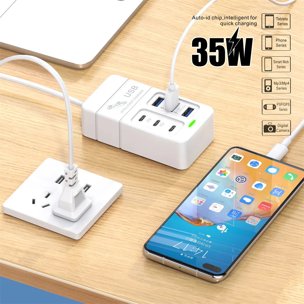 USB PD Charger for Xiaomi 14 Type C Muti 6 Ports Mobile Cell Phone Travel Wall Adapter Portable Fast Charging for Samsung S24
