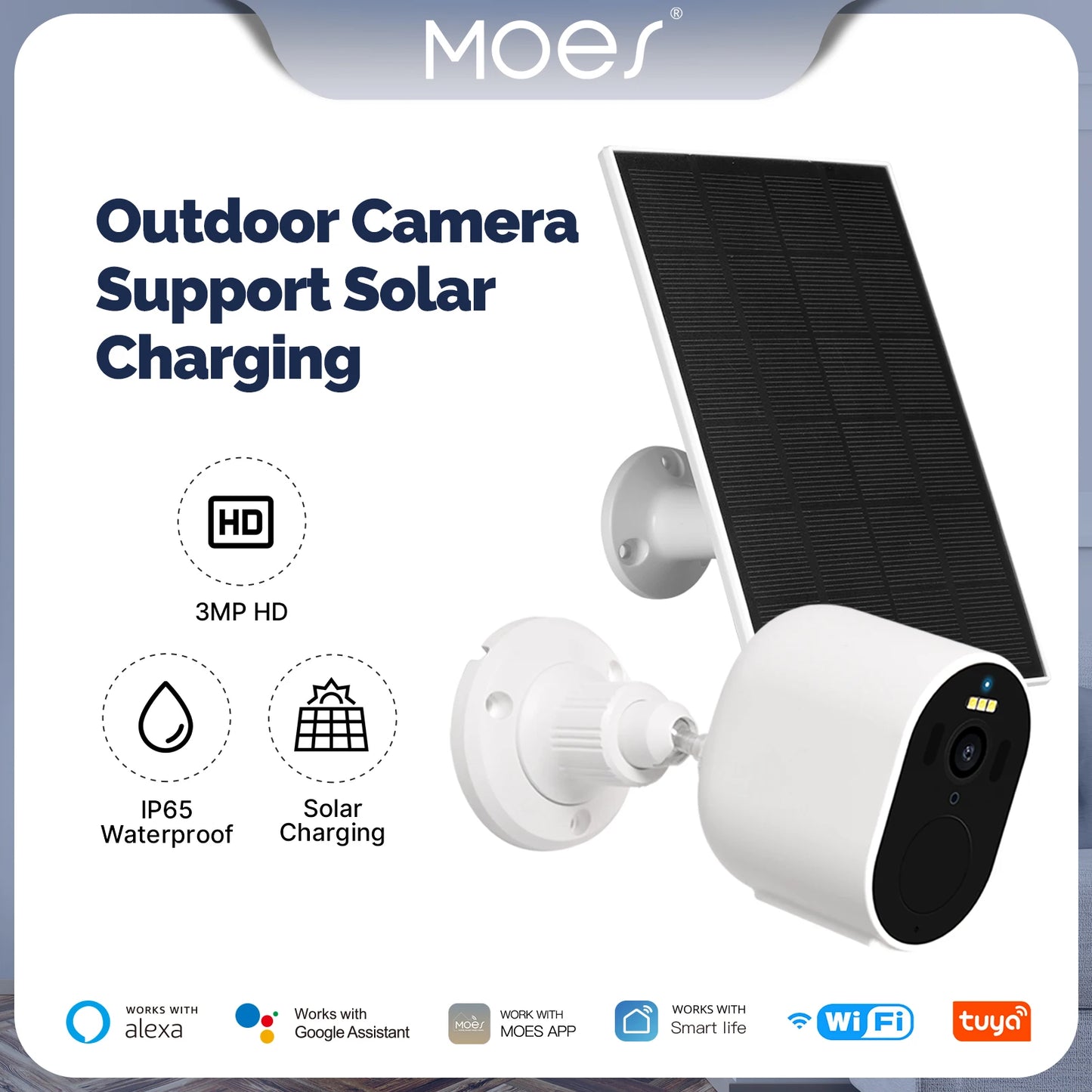 MOES Tuya WiFi 3MP HD Smart Surveillance Security Camera Solar Charging Waterproof Low Power Consumption Full Color Night Vision