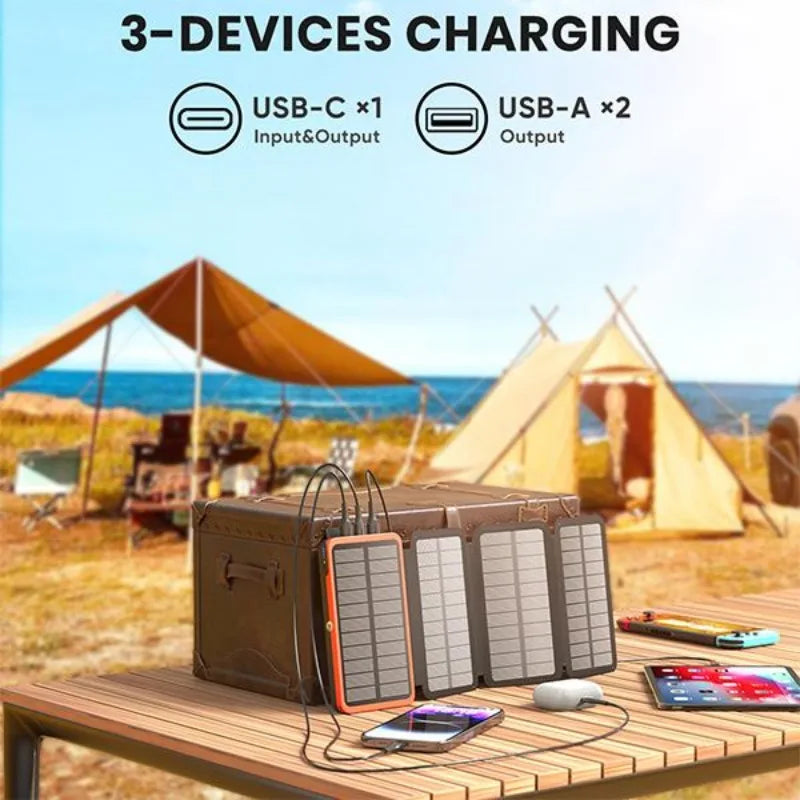 Solar Charger 27000mAh Power Bank 22.5W Fast Charging Portable Phone Charger with 4 Solar Panels USB C PD External Batt