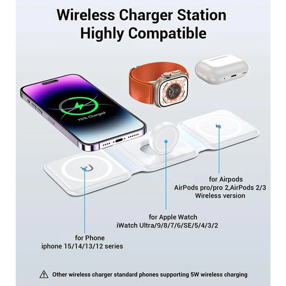 100W 3 in 1 Magnetic Wireless Charger Pad Stand for iPhone 15 14 13 12Pro Max Airpods iWatch Fast Wireless Charging Dock Station