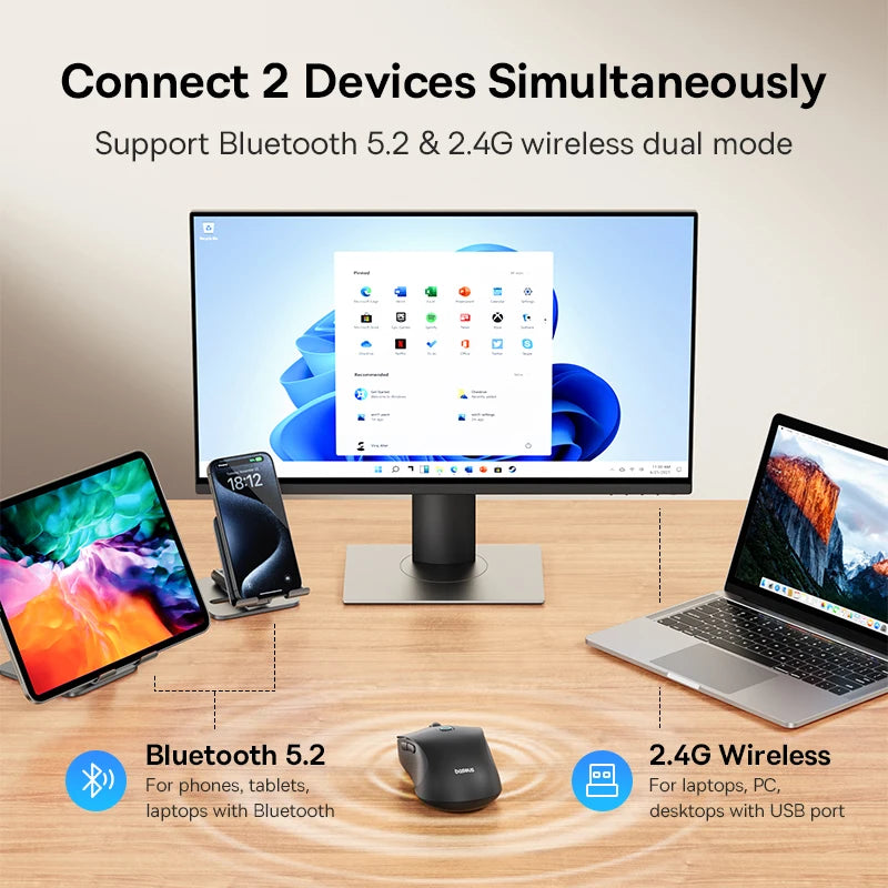 Baseus F02 Wireless Mouse Bluetooth 5.2 2.4G 4000DPI Ergonomic 6 Mute Buttons Mice for iPad MacBook Tablet Laptop Computer Mouse