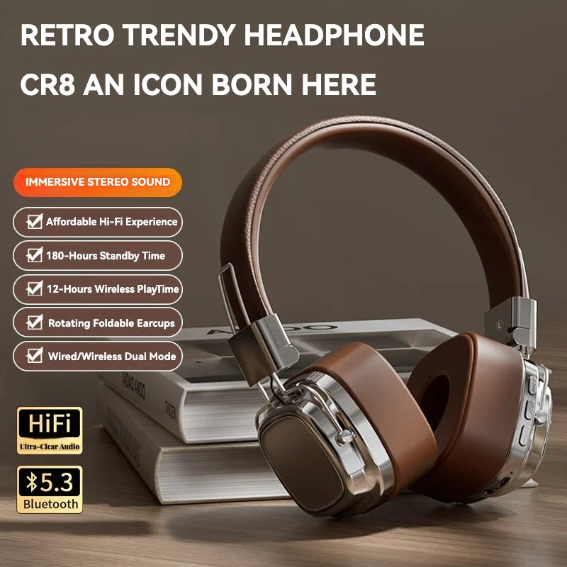 2024 New CR-8 Classic Over Ear Headsets Wireless Bluetooth Headphones Studio DJ Stereo Sound Foldable Gaming Headsets For Iphone