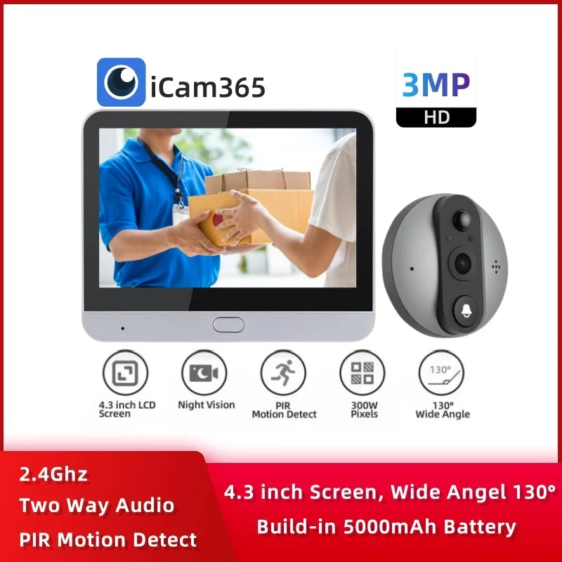 3MP iCam365 Smart Home Security Digital Peephole Video Doorbell 130° Wide Angle 2.4G Wifi Wireless House Door Eye With Camera