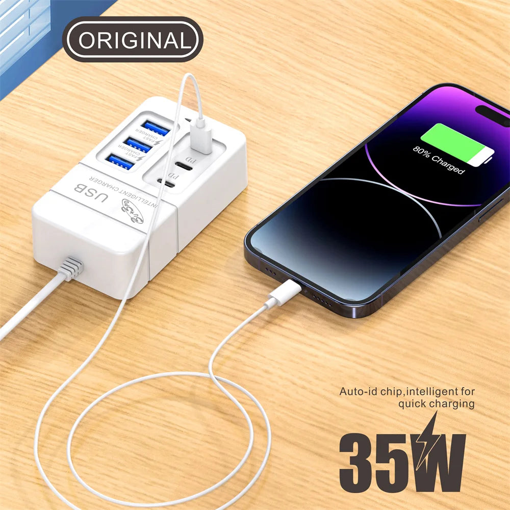 USB PD Charger for Xiaomi 14 Type C Muti 6 Ports Mobile Cell Phone Travel Wall Adapter Portable Fast Charging for Samsung S24