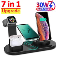 30W 7 in 1 Wireless Charger Stand Pad For iPhone 15 14 13 Pro Max Apple Watch Airpods Pro iWatch 8 7 Fast Charging Dock Station