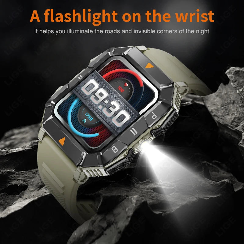 LIGE Rugged Military With LED Flashlight Smart Watch For Men Sports Fitness BT Call Heart Rate Health Monitor Outdoor SmartWatch