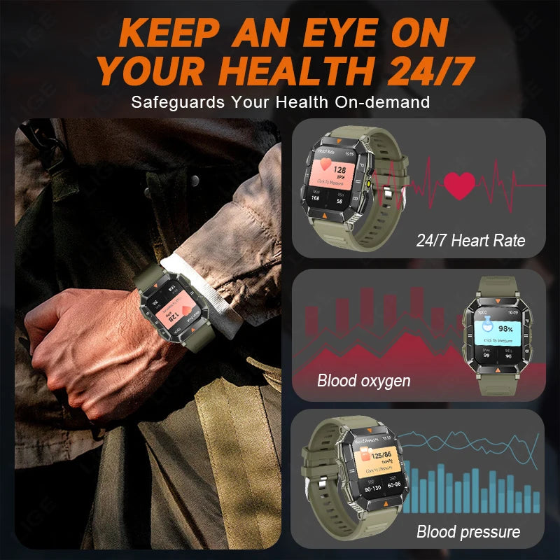 LIGE Rugged Military With LED Flashlight Smart Watch For Men Sports Fitness BT Call Heart Rate Health Monitor Outdoor SmartWatch