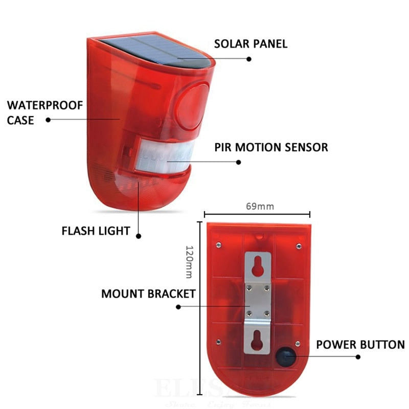 Solar Infrared Motion Sensor Alarm With Siren Strobe